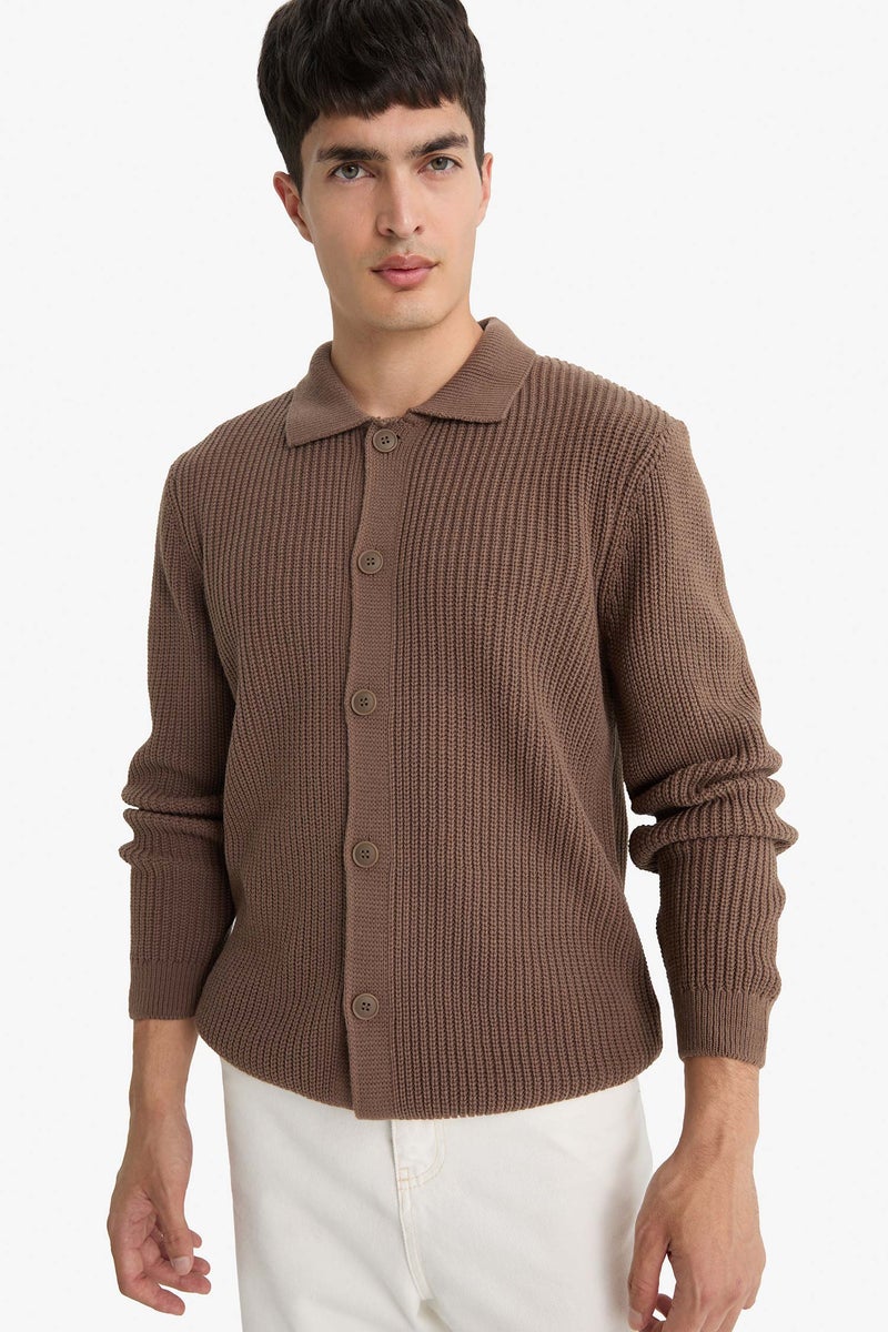 DeFacto Brown Man Standard Fit Polo Collar Knitwear Cardigan Casual - Image 3